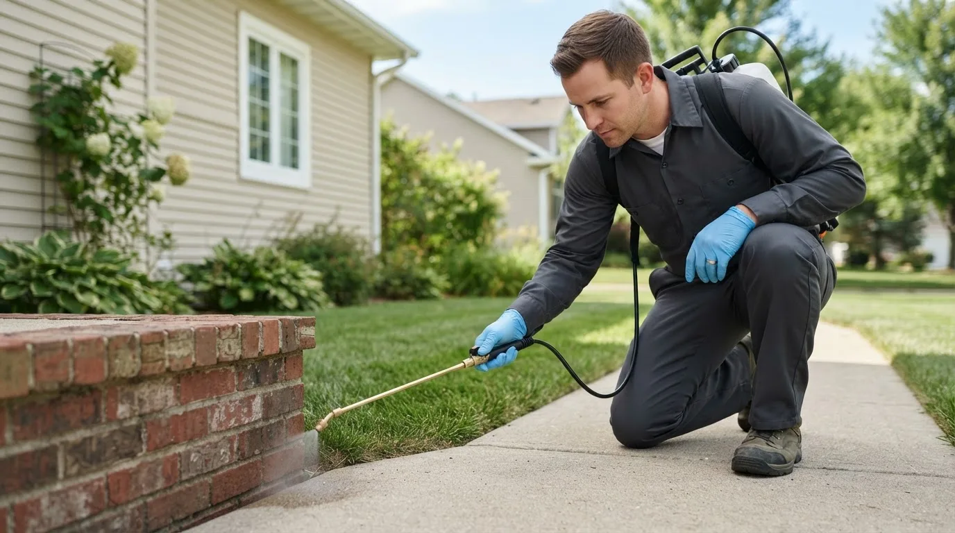 Pest control technician treating a home near Ryder, ND