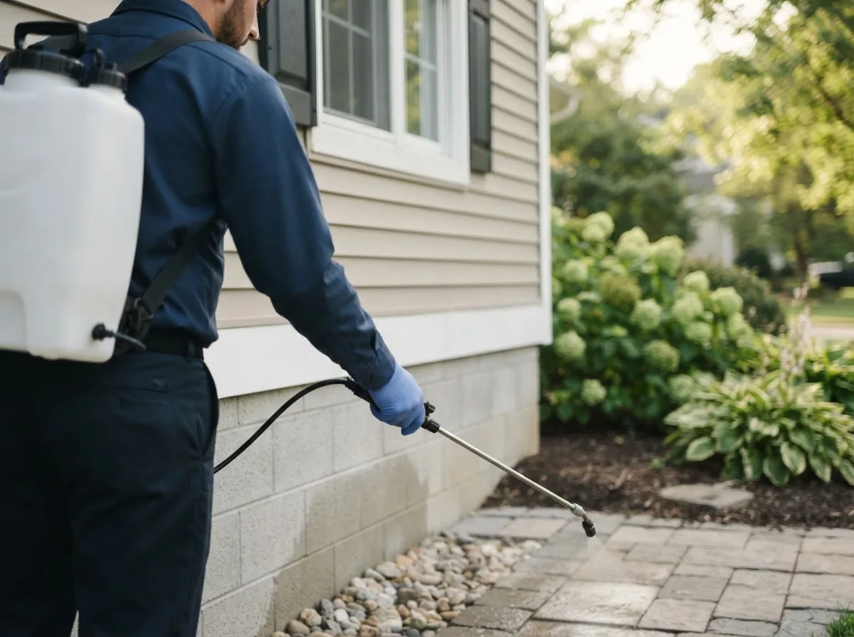 Pest control technician inspecting a home in Ryder, ND